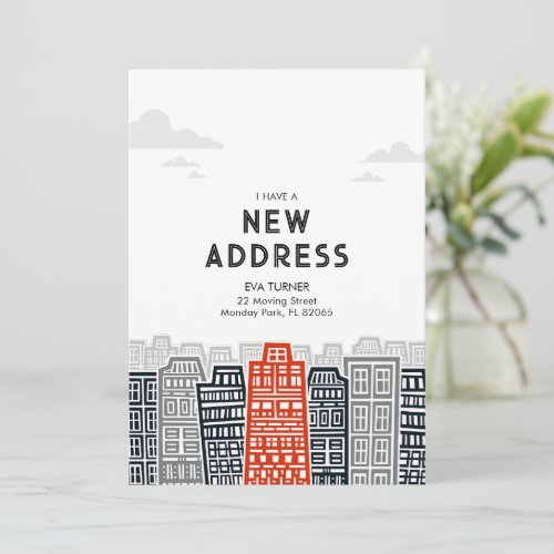 Red and black new address with cartoon city invitation