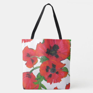 Red and Black Oriental Poppies on White Tote Bag