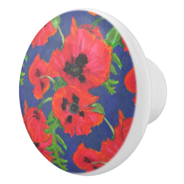 Red and Black Oriental Poppies Pattern on Blue Ceramic Knob (Right)