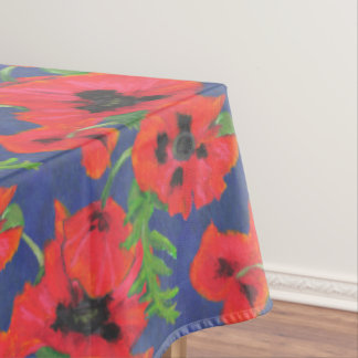 Red and Black Oriental Poppies Pattern on Blue Tablecloth