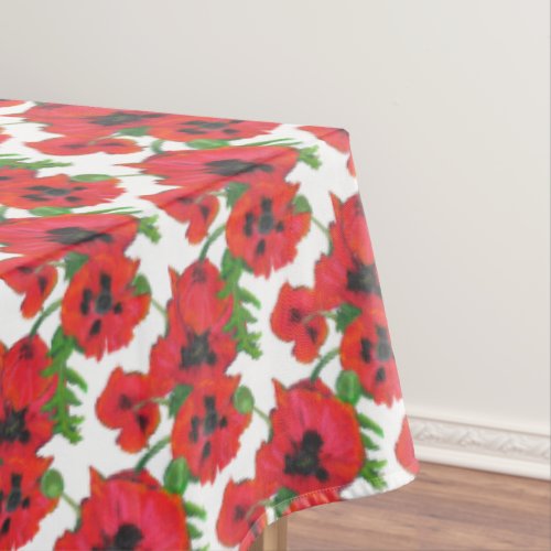 Red and Black Oriental Poppies Pattern on White Tablecloth