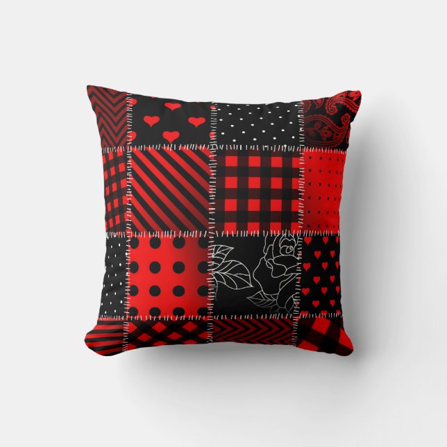 Red and Black Patchwork Decorative Throw Pillow (Front)