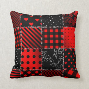 Red and Black Patchwork Decorative Throw Pillow