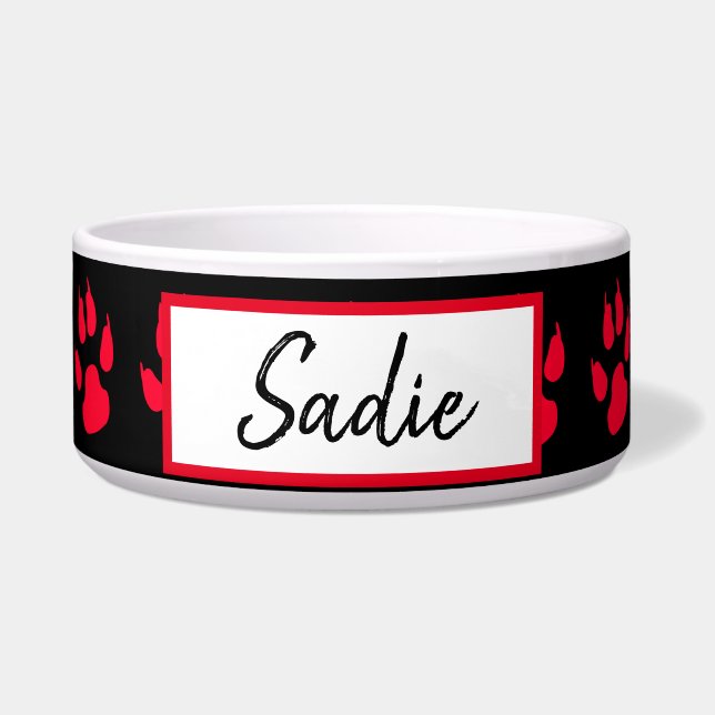 Red and black Paw Print Dog's Food Bowl (Front)