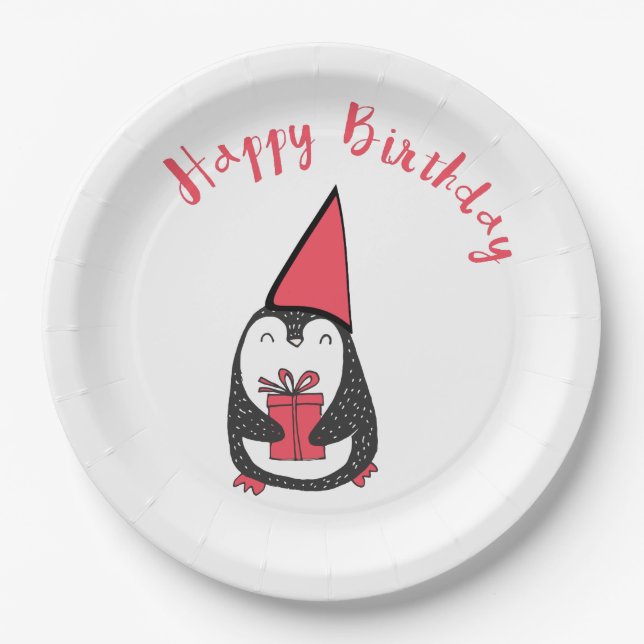 Red and Black Penguin Birthday Paper Plates (Front)