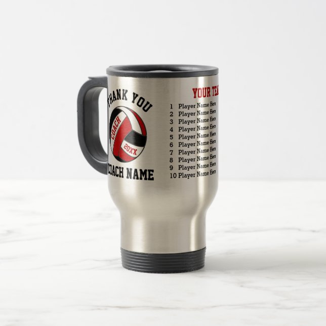 Red and Black Personalized Volleyball Coach Gifts Travel Mug (Front Left)