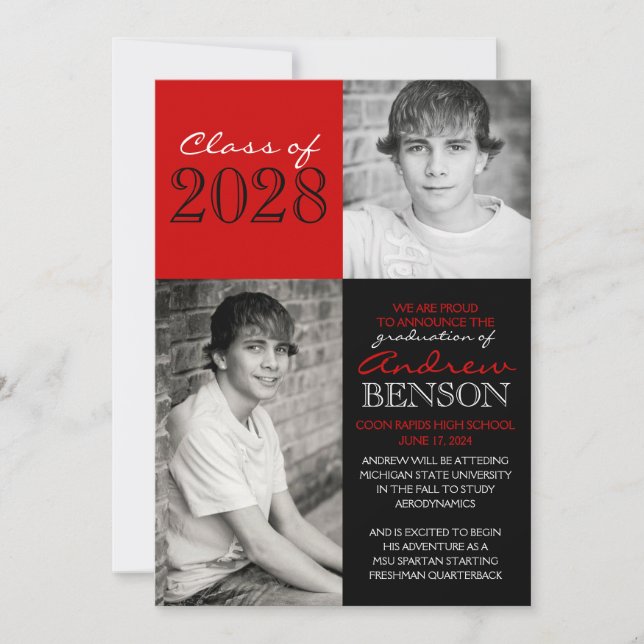 Red and Black Photo Graduation Announcement (Front)