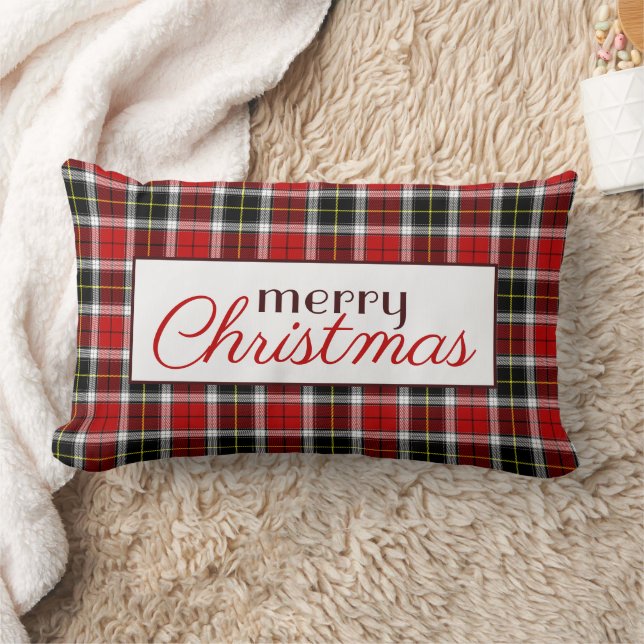 Red and Black Plaid Add Name Merry Christmas Lumbar Pillow (Blanket)
