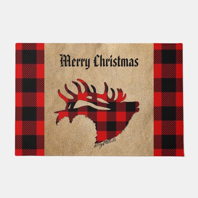 Red and Black Plaid Bull Elk Christmas Doormat (Front)