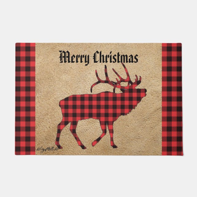 Red and Black Plaid Bull Elk Christmas Doormat (Front)