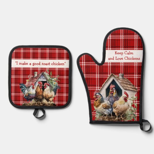 Red and Black Plaid Chicken Funny Quote Oven Mitt  Pot Holder Set