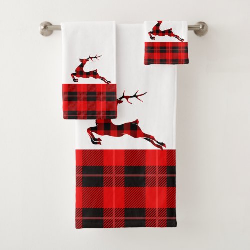 Red and black plaid deer and border bath towel set