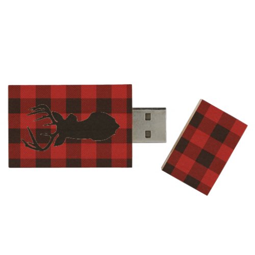 Red and Black plaid _deer Wood USB Flash Drive