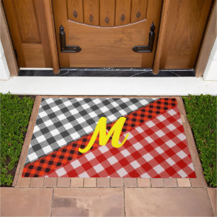 Red And Black Plaid Fabric - Initial Monogrammed Doormat