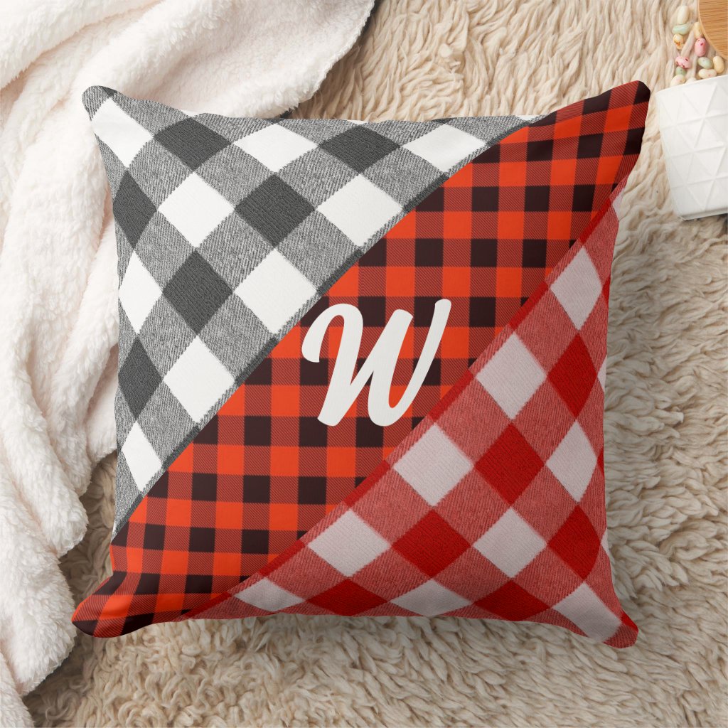 Red And Black Plaid Fabric - Initial Monogrammed dad pillow cover