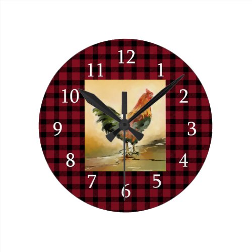 Red And Black Plaid | Farmhouse Rooster Round Clock
