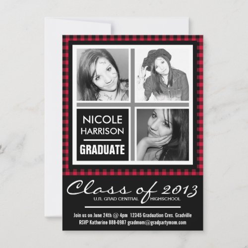 Red and Black Plaid Gingham 3 Photo Grad Party Invitation