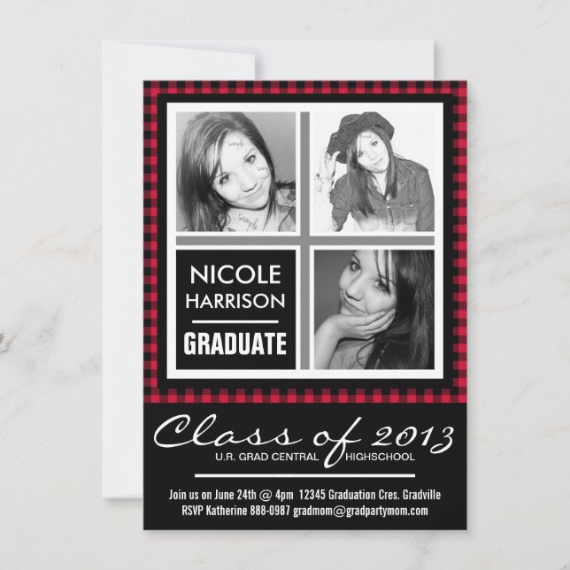 Red and Black Plaid Gingham 3 Photo Grad Party Invitation (Front)