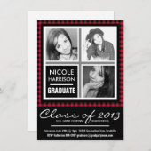 Red and Black Plaid Gingham 3 Photo Grad Party Invitation (Front/Back)