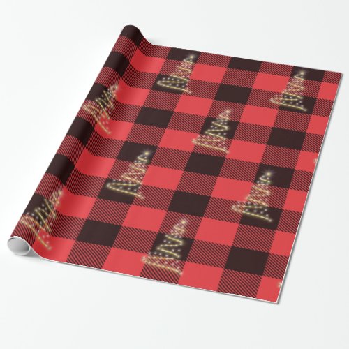 Red And Black Plaid Gold Chrostmas Tree Holiday Wrapping Paper