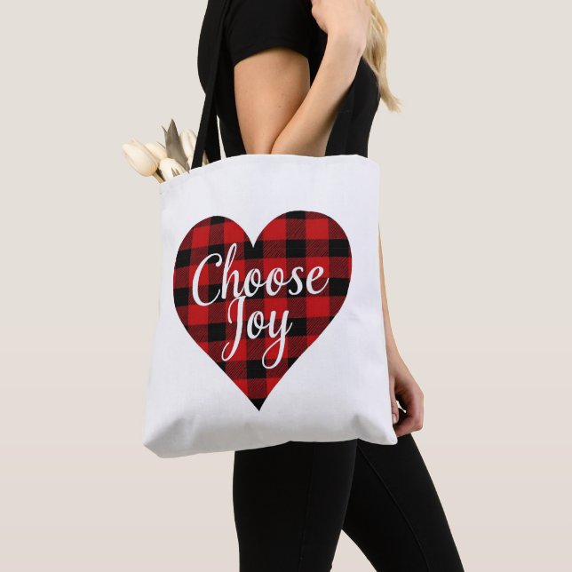 Red and Black Plaid Heart Motivational Art Tote Bag (Close Up)
