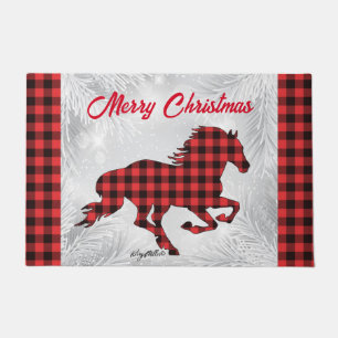 Red and Black Plaid Horse Christmas Doormat