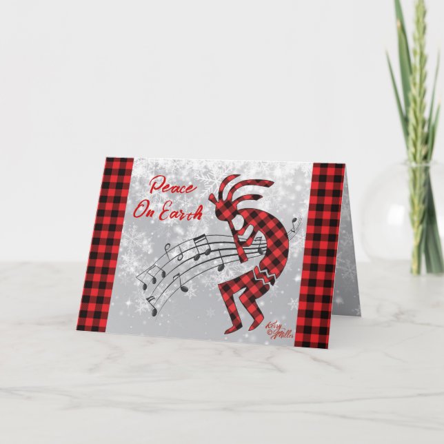 Red And Black Plaid Kokopelli Holiday Card (Front)