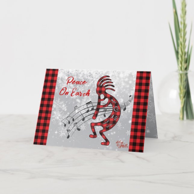 Red And Black Plaid Kokopelli Holiday Card (Front)
