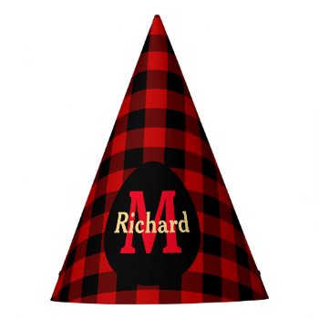 Red And Black Plaid Monogram And Name Party Hat by JanesPatterns at Zazzle