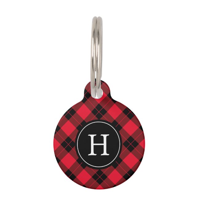 Red and Black Plaid Monogram Pet ID Tag (Front)