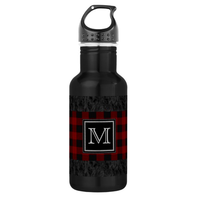 Red and Black Plaid Monogram Water Bottle (Front)