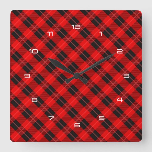 Red and black plaid pattern square wall clock