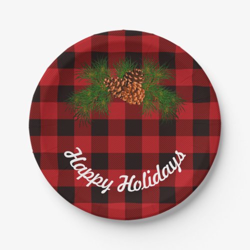 Red and Black plaid _ pine cones Paper Plates