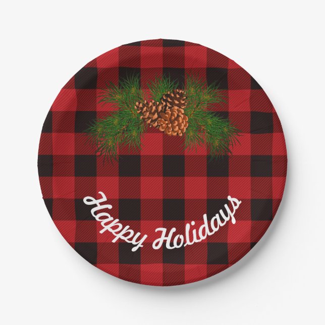 Red and Black plaid - pine cones Paper Plates (Front)