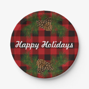 Red and Black plaid - pine cones Paper Plates