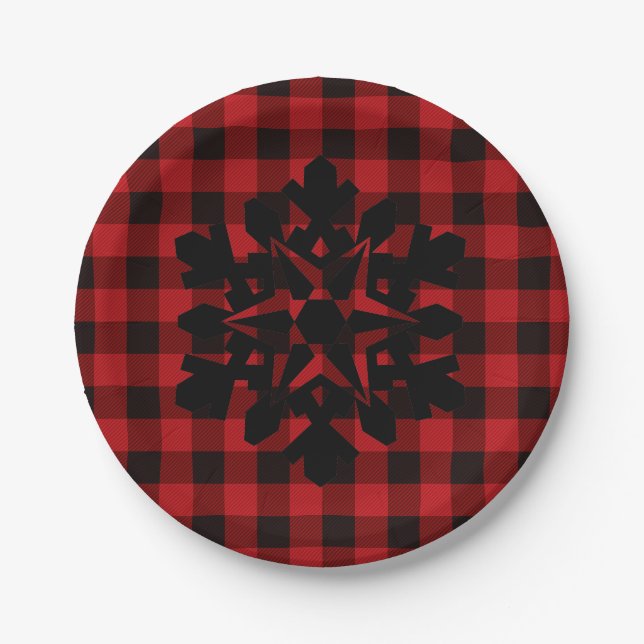 Red and Black plaid - Snow flake Paper Plates (Front)