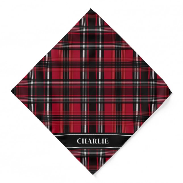 Red And Black Plaid Tartan Pattern And Custom Name Bandana (Front)