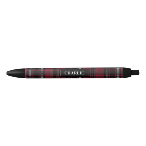 Red And Black Plaid Tartan Pattern And Custom Name Black Ink Pen