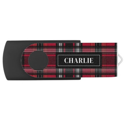 Red And Black Plaid Tartan Pattern And Custom Name Flash Drive