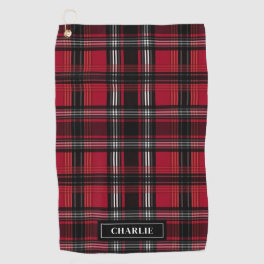 Red And Black Plaid Tartan Pattern And Custom Name Golf Towel