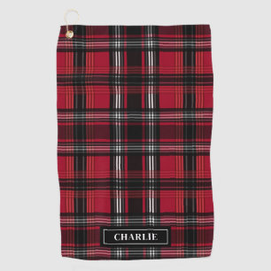 Red And Black Plaid Tartan Pattern And Custom Name Golf Towel