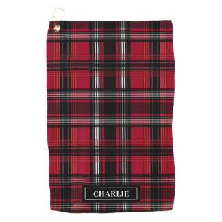 Red And Black Plaid Tartan Pattern And Custom Name Golf Towel