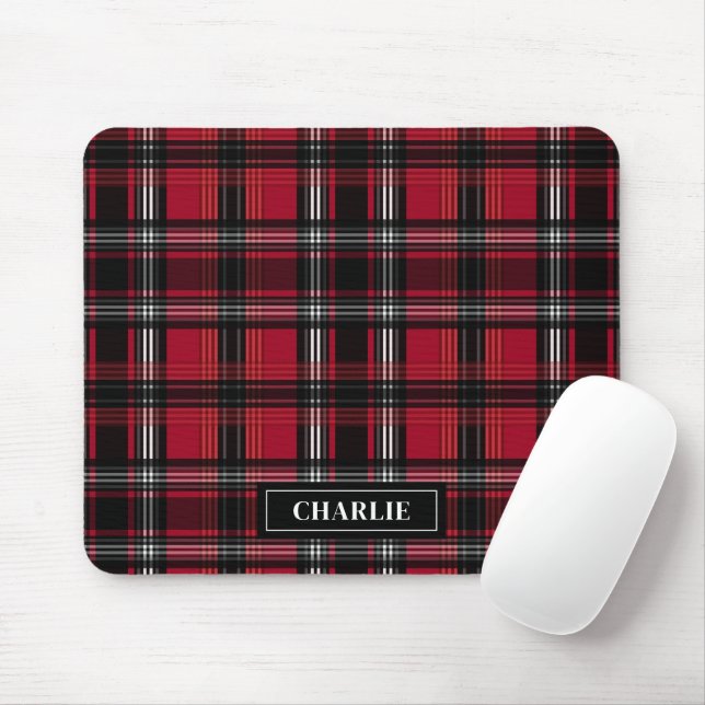Red And Black Plaid Tartan Pattern And Custom Name Mouse Pad (With Mouse)