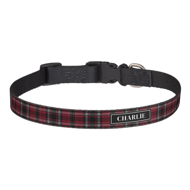 Red And Black Plaid Tartan Pattern And Custom Name Pet Collar (Front)