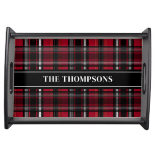 Red And Black Plaid Tartan Pattern And Custom Name Serving Tray