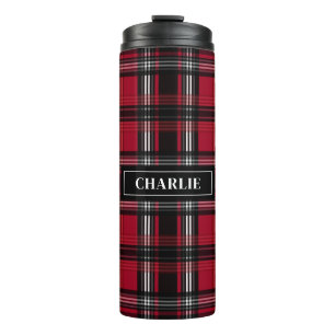 Red And Black Plaid Tartan Pattern And Custom Name Thermal Tumbler