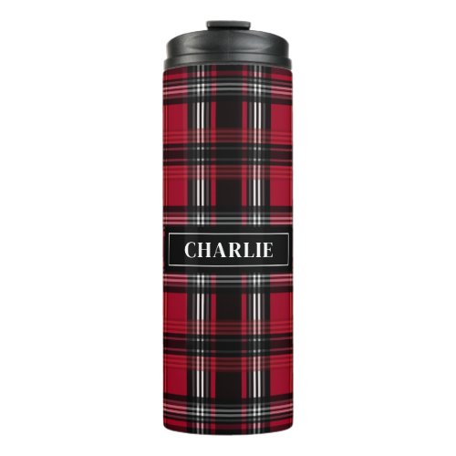 Red And Black Plaid Tartan Pattern And Custom Name Thermal Tumbler