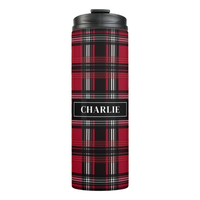 Red And Black Plaid Tartan Pattern And Custom Name Thermal Tumbler (Front)