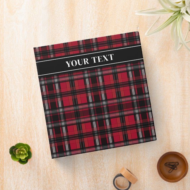 Red And Black Plaid Tartan Pattern And Custom Text 3 Ring Binder (In Situ)