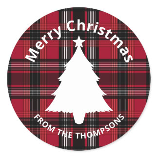 Red And Black Plaid Tartan Pattern With Text Classic Round Sticker